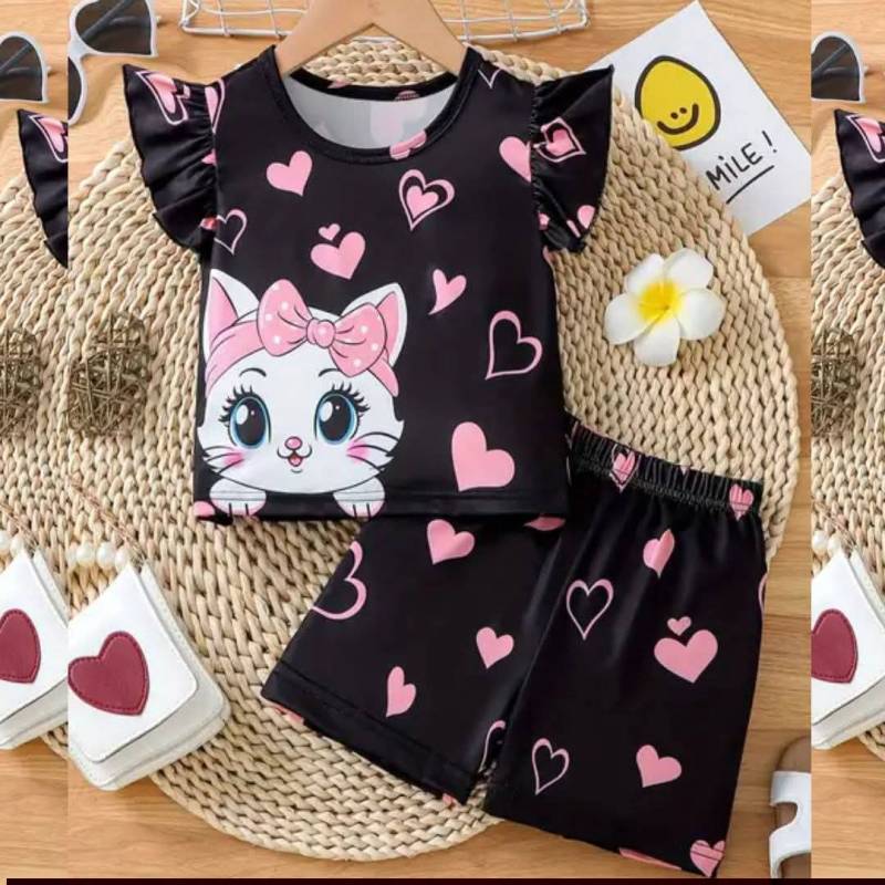 Cute Black & Pink Kitten Flutter Sleeve T-Shirt & Heart Printed Shorts 2-Piece Set